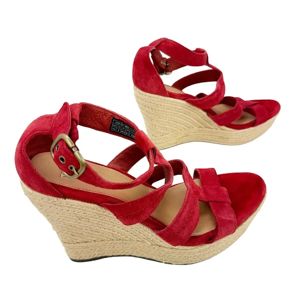Ugg‎ Red Lauri Suede Leather Espadrille Platform Wedge Sandals Sz 9.5